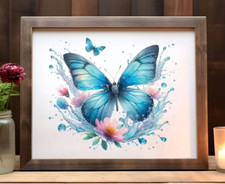 Blue Butterfly Wall Art Print, Butterfly, Pink Flowers Print, Wall Art