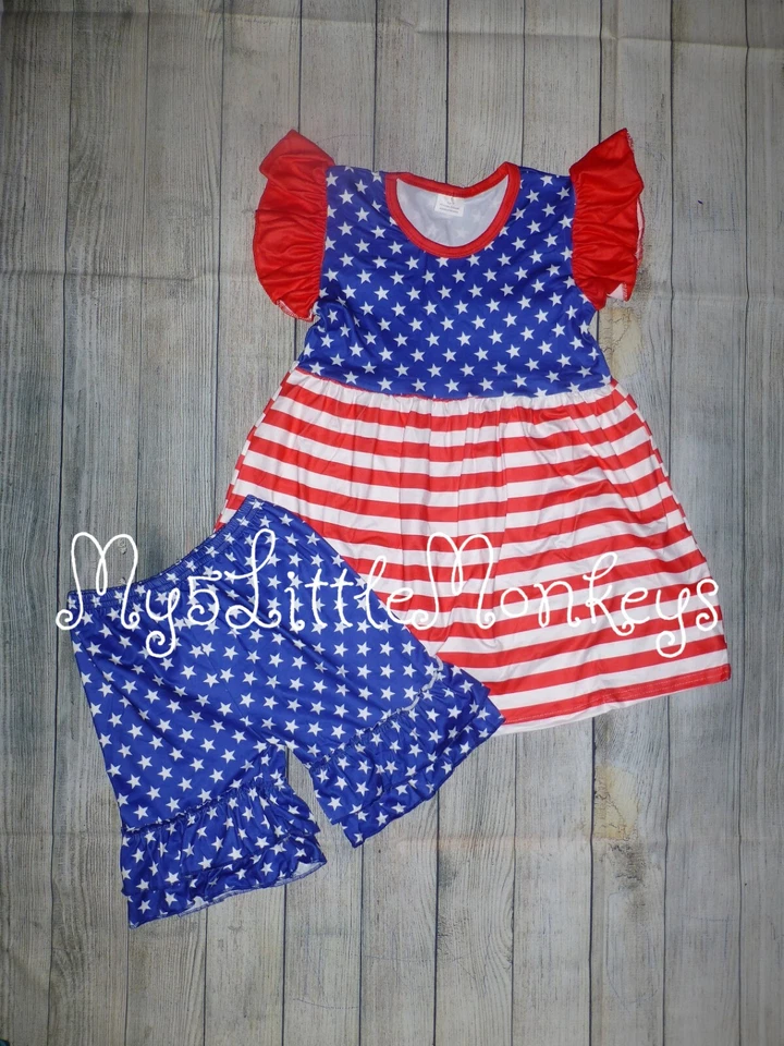 NEW Boutique 4th of July Patriotic Tunic Dress & Shorts Girls Outfit Set - Image 1 of 3