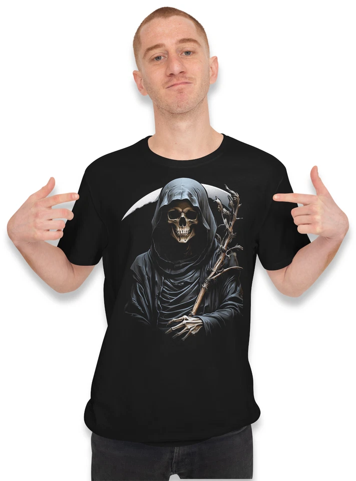 Schwarzes T-Shirt Gothic Sensenmann mit Sense - Unisex Streetwear Dark Art - Bild 4 von 4