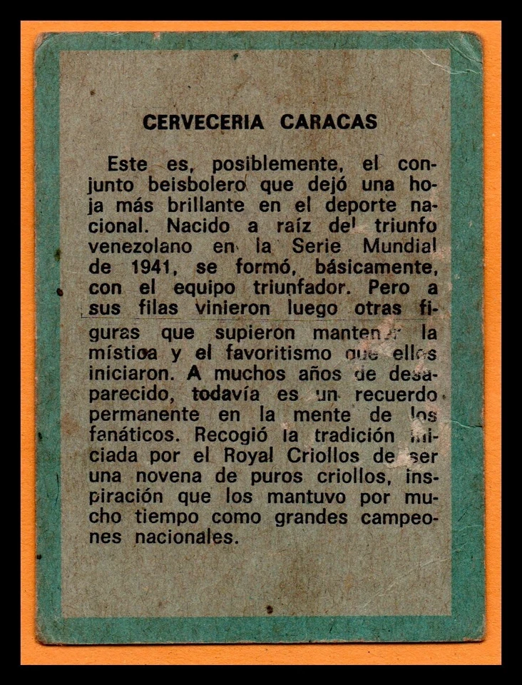 Venezuela Sport Grafico Ovenca 1970 Cerveceria Caracas Team #299 - Image 2 of 2