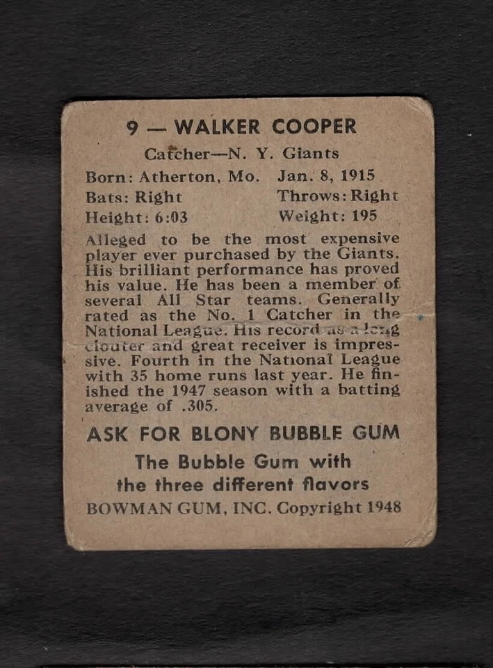 1948 Walker Cooper Play Ball Bowman Gum Inc Rookie RC New York #9 - Image 2 of 2