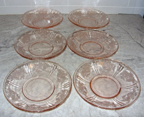 Federal Glass Depression Glass Sharon Pink Cabbage Rose Saucer 6" Set of 6 Nice