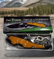 TAC XTREME. TAC-X LOCKBLADE 3 3/4” Closed Folding Knife,Orange Blk. Handle.