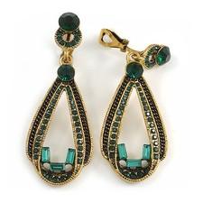 Vintage Inspired Long Emerald Green Crystal Loop Clip On Earrings In Antique
