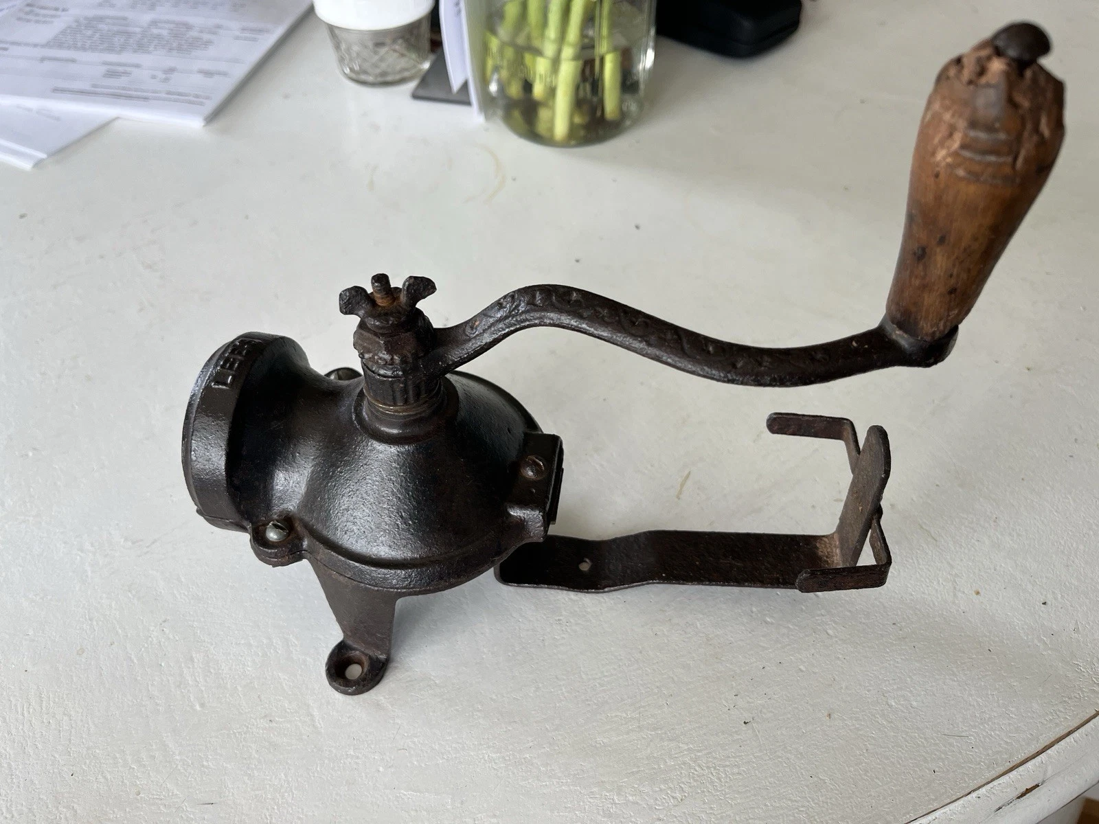 Lees Iron Wall Mounted Coffee Spice Coffee Grinder w Wooden Handle. No Glass