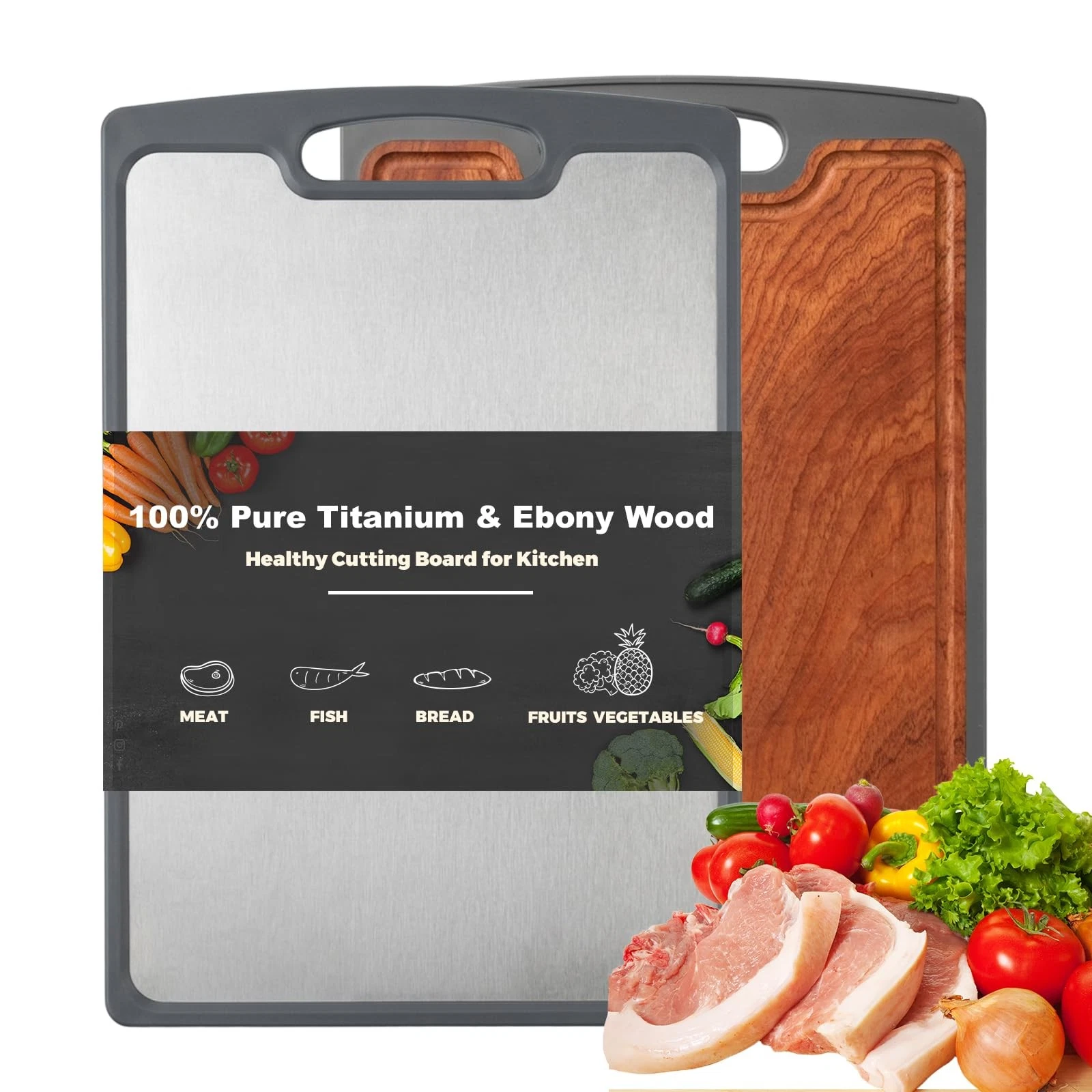Premium Double Sided Titanium & Ebony Wood Cutting Board for Kitchen, 15" x 1...