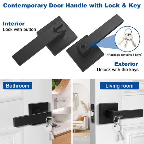 Entry Door Handle, Black Door Lever with Lock and Key, Entrance Door Lock Hea... - Picture 2 of 9