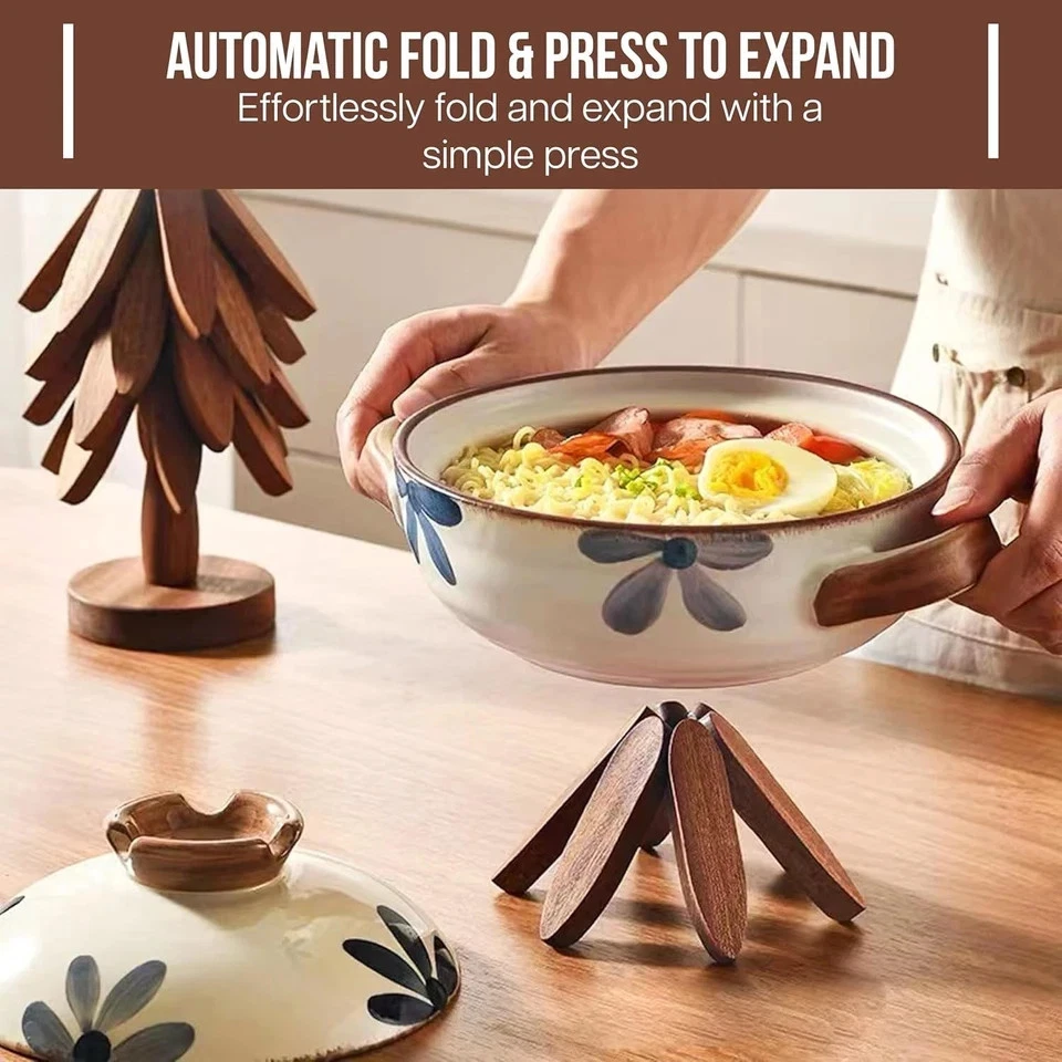 Remaches de madera para platos calientes, juego de remaches en forma de árbol con soporte, resistente al calor Foto 4 de 4