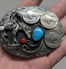 vintage HANDCRAFTED belt buckle BUFFALO NICKEL native american indian TURQUOISE
