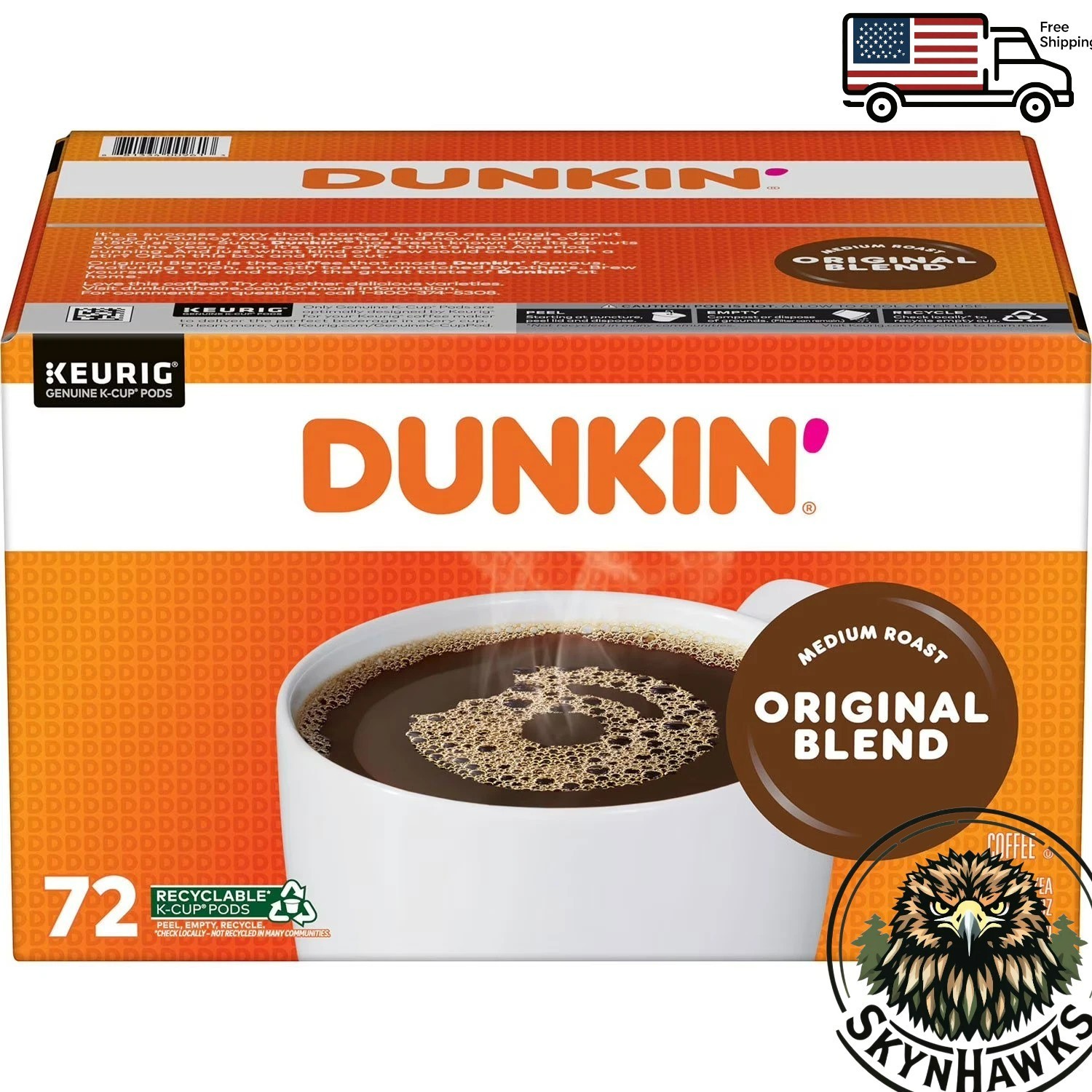72 ct Pods Dunkin' Original Blend Medium Roast Coffee K-Cup Free Shipping