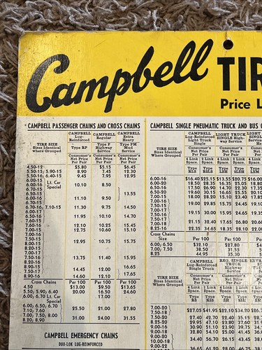 Insegna espositore tabella dimensioni pneumatici Campbell Chain Company vintage cartone 1950 - Foto 13 di 18