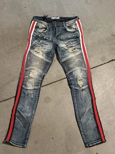 Jean streetwear homme rouge noir rayure latérale moto denim 32x32 neuf avec étiquette PREME