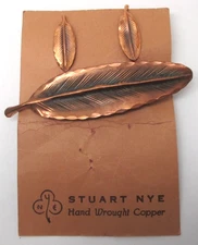 Vintage Stuart Nye Hand Wrought Copper Feather Pin & Earring Set Original Card