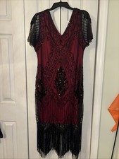 Womens Flapper Dress Burgundy Black Beaded Fringe V Neck Short Sleeve Gatsby 3X