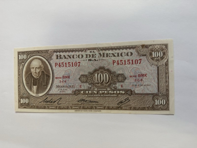 MEX Bank Notes: El Banco de Mexico S.A, 100 Pesos 1972 Serie BMK 2-C-9 E