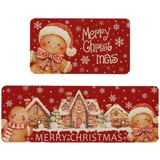 2 PCS Merry Christmas Kitchen Rugs Gingerbread Mats 17x47"  17x29" Floor
