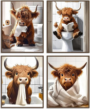 4Pcs Funny Highland Cow Wall Art Pictures, Rustic Cow Canvas Prints for Bathroom