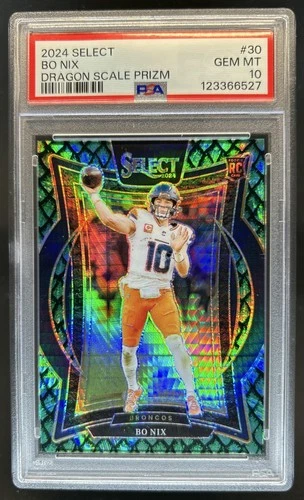 2024 Panini Select Bo Nix Concourse RC Dragon Scale Prizm #/81 Broncos PSA 10