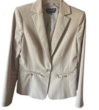 Jones New York Beige Stretch Blazer Womens Sz 4 Zipper Pockets  Button Accents