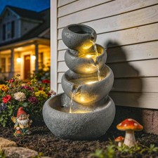 Outsunny 4-Tier Water Fountain Outdoor, Garden Water Feature with LED Lights an
