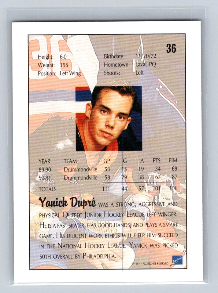 1991 Ultimate Draft #36 Yanick Dupre Philadelphia Flyers - Image 2 of 2