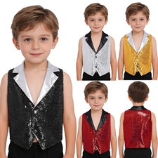 Kids Boys Sparkling Sequin Vest Metallic Lapel Collar Dance Tops for Jazz Dance