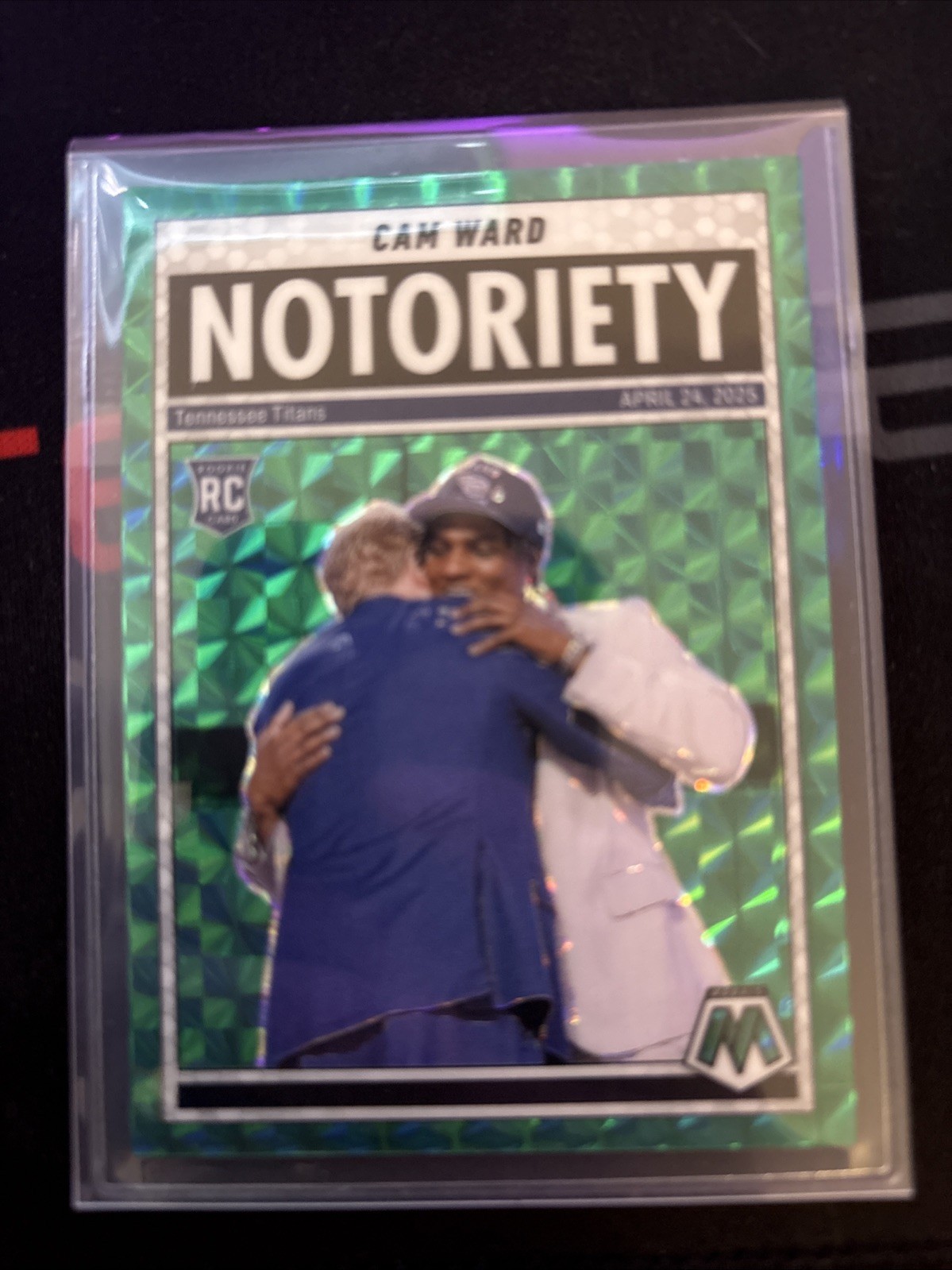 2025 Panini Mosaic Cam Ward Green Mosaic Prizm Notoriety RC #17 SP Titans