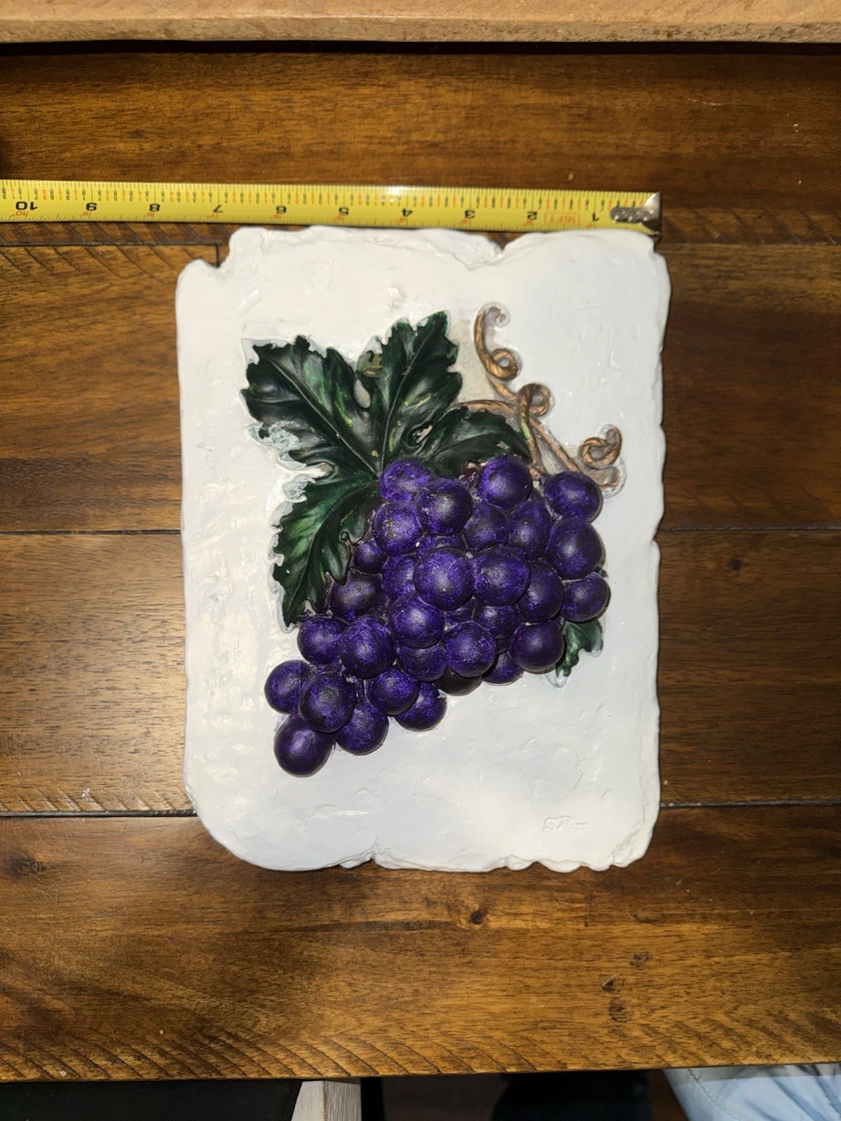 Vintage 1997 Signed Plaster Grapes Bas-Relief Wall Sculpture 10x7.5 Austin Deco