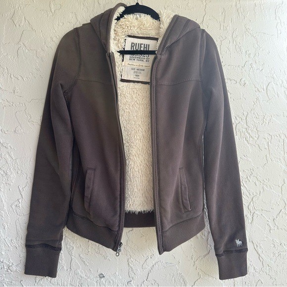 RUEHL 925 Hoodie Jacket Men Small Y2K Vintage Faux Fur Lined Brown Full Zip Up