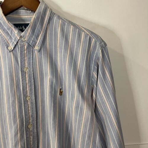 Ralph Lauren Polo Shirt Large Blue Pink Stripe Brown Pony Button Up Cotton Mens - Picture 3 of 11