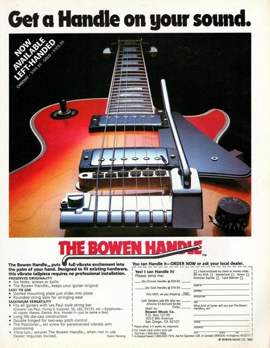vtg 80s BOWEN HANDLE MAGAZINE AD PINUP PAGE Guitar Vibrato Tremolo Whammy Bar