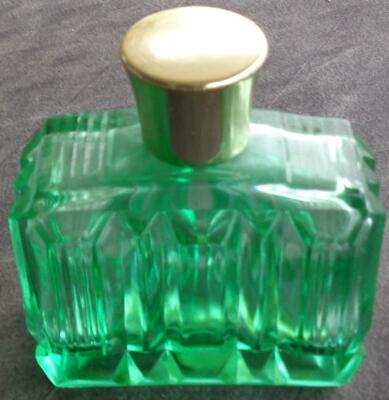 Vintage Green Glass Perfume Bottle Metal Gold Tone Cap BEAUTIFUL  PATTERN