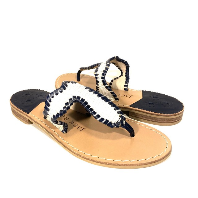 JACK ROGERS Womens Jackie Woven Straw Flat Sandals Navy Blue White 7