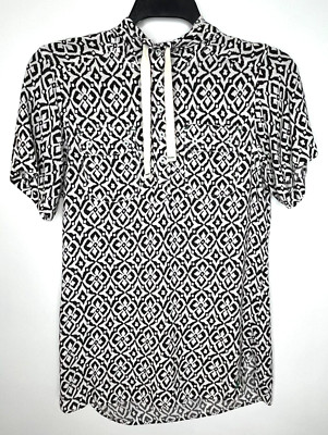 Kavu Misses/Women Hooded Short Sleeve Shirt Tunic Black White Half Button Size S