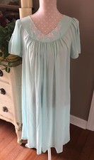 Vintage Shadowline Nightgown Baby Blue Nylon Gown Embroidered Pink Flowers Med