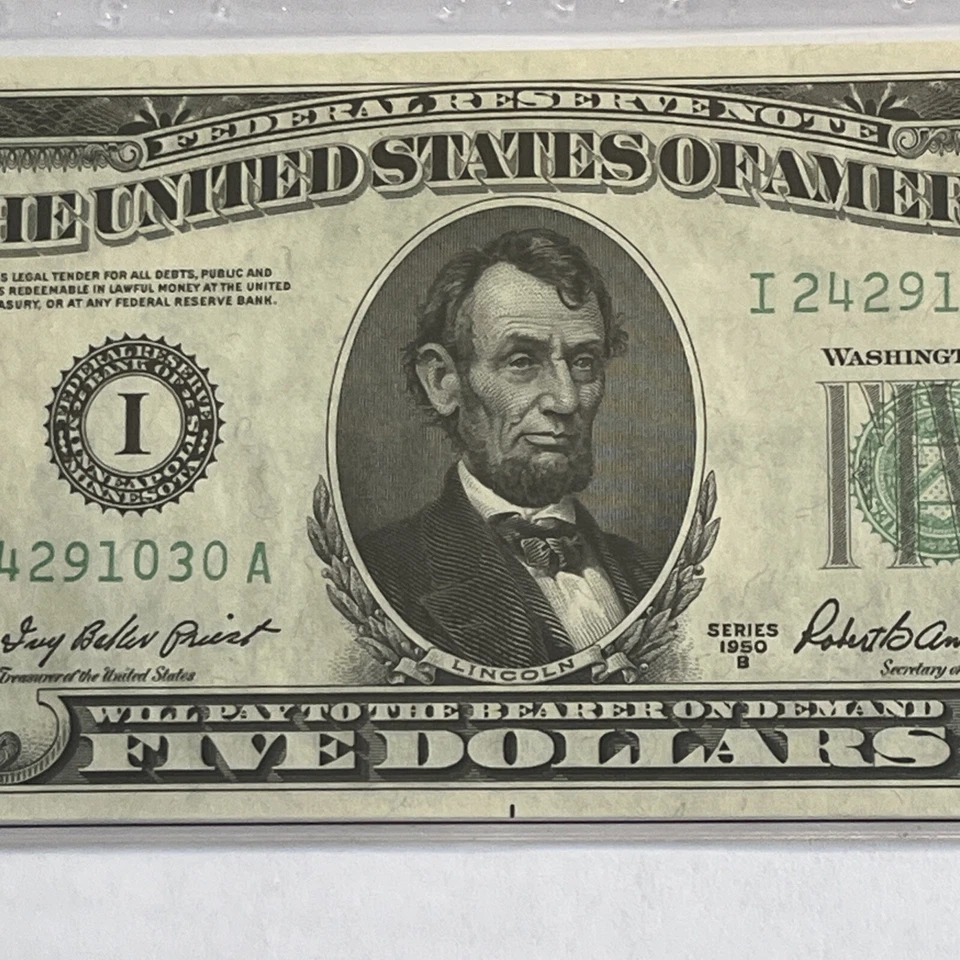 1950 B $5. GEM UNCIRCULATED. PRIEST/ANDERSON. FEDERAL RESERVE NOTE. MINNEAPOLIS - Image 3 of 4