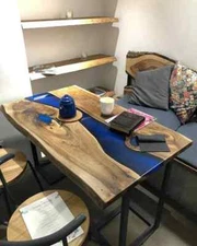 Blue Epoxy Resin River Coffee Table Top, Living Room Furniture Table Top Decors