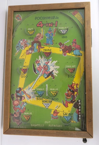 Poosh-M-UP Jr. pinball machine table top 4 in1 baseball game 1930's vtg complete
