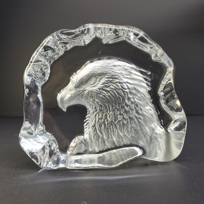 Crystal Glass American Bald Eagle Head Paperweight Etched Relief Cut Unsigned