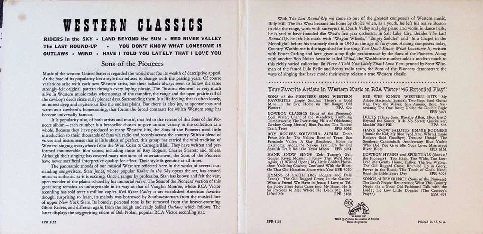 Sons Of The Pioneers Western Classics RCA Victor EPB3162 PS GF VG+ - Image 2 of 4