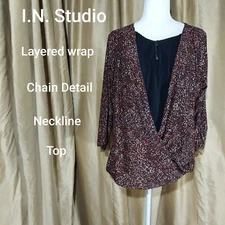 I.N. Studio Layered Wrap Chain Detail Neckline Knoted Waist Top Size 1X