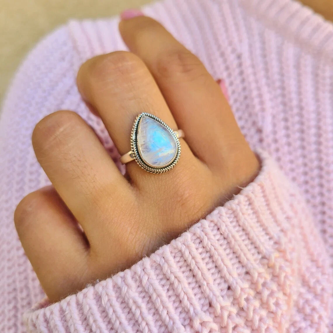 Natural Moonstone Sterling Silver Ring Pear Shaped Moonstone Ring