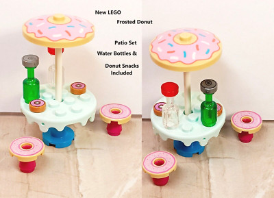 New LEGO Umbrella Patio Set Frosted Table Top Bottles Water DONUTS Seat Printed