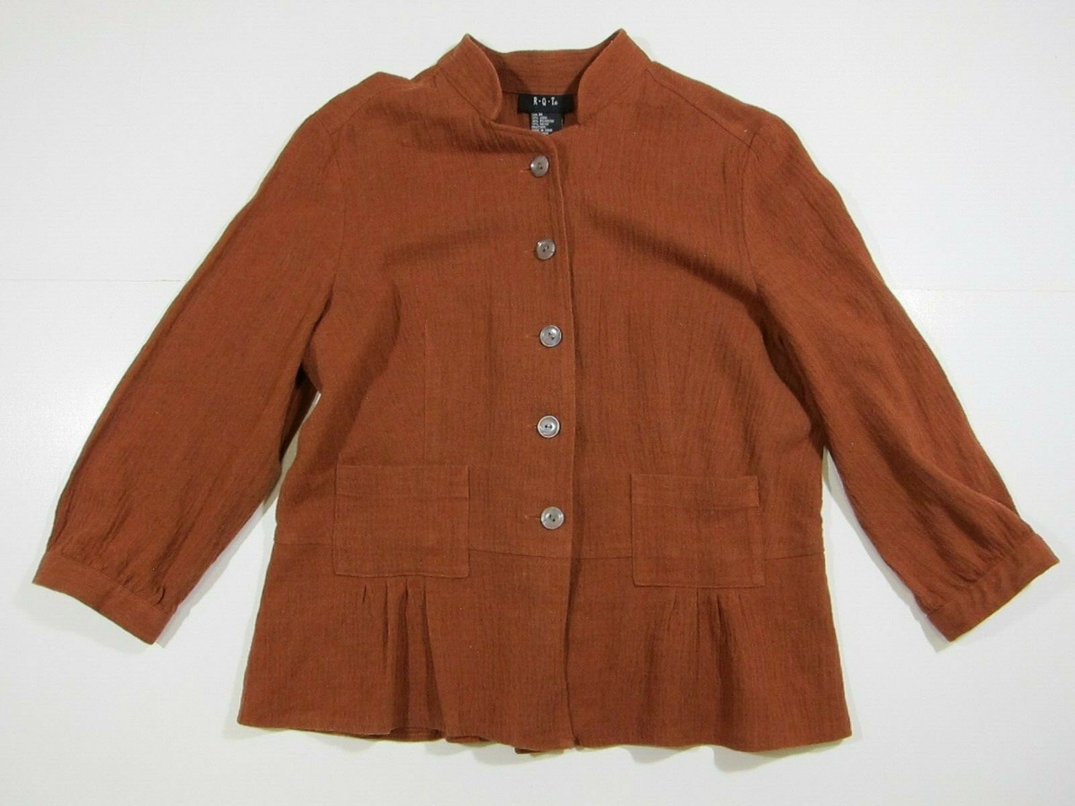 R.Q.T Linen Brown Rust Orange Button Down Ruffle 3/4 Sleeve Blouse