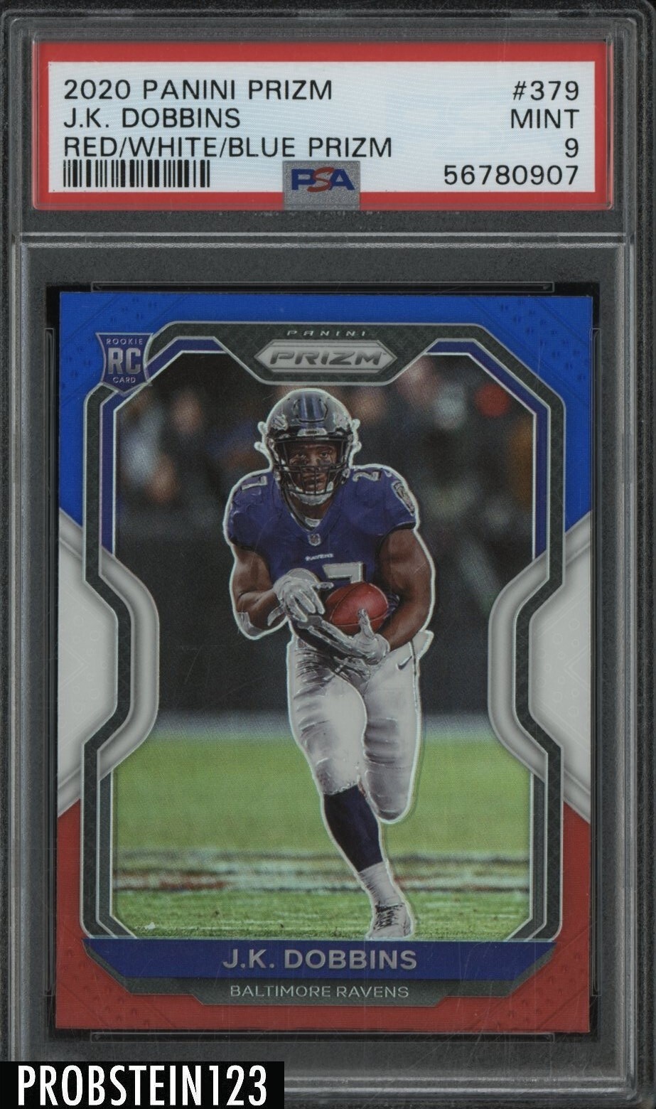 2020 Panini Red White Blue Prizm #379 J.K. Dobbins Ravens RC Rookie PSA 9