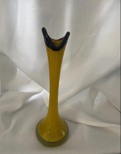 Vintage Art Glass Swung Stretched Vase Yellow Cased In Clear Black Rim MCM 11” - Picture 6 of 10
