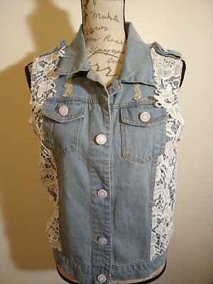Denim Lace Vest Jacket OS Blue Distress Boho Patchwork Festival Art To Wear