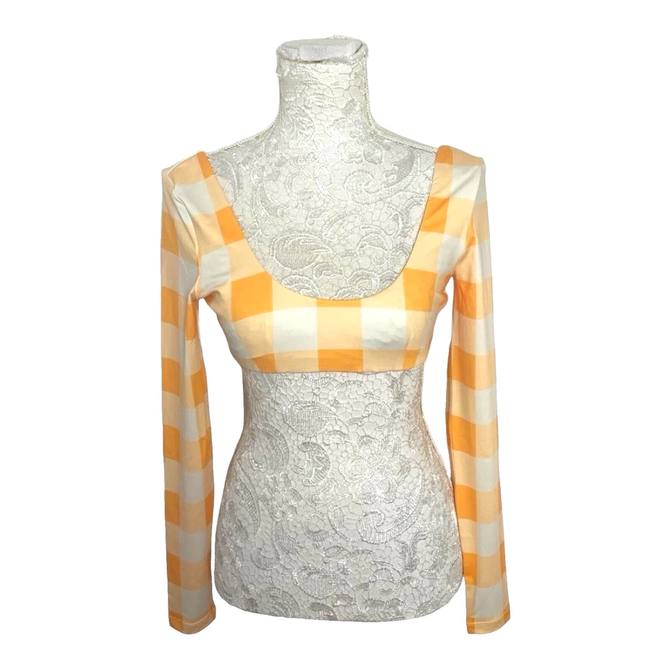 Long Sleeve Swim Crop Top Women’s UK Size S Yellow Check Scoop Neck Summer Beach - Изображение 2 из 4