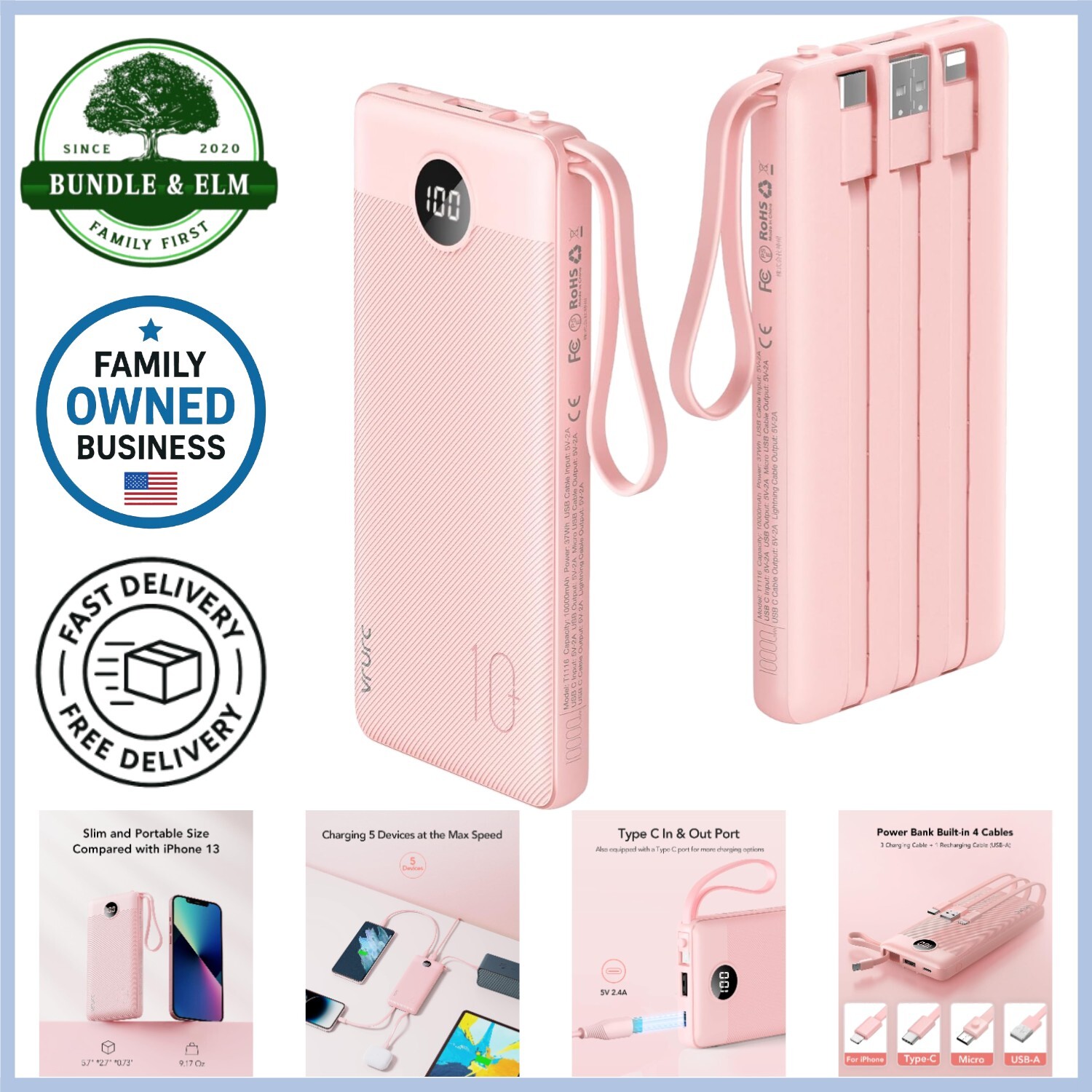 Portable Power Bank 10000mAh Slim Battery Pack 5 Outputs Built-in Cables Travel