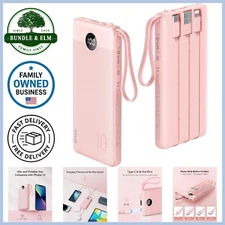 Portable Power Bank 10000mAh Slim Battery Pack 5 Outputs Built-in Cables Travel